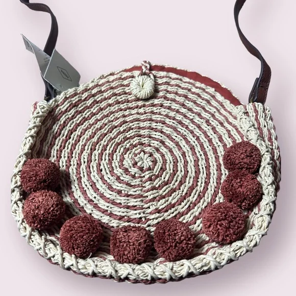 NWT Fossil Faye Crossbody Straw Woven Handbag Terracotta Accents Brown Strap - Picture 3 of 10